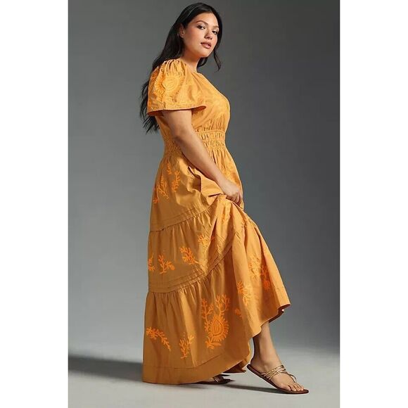 Anthropologie Somerset Embroidered Maxi Dress Tiered Orange 2X NEW - Picture 2 of 5